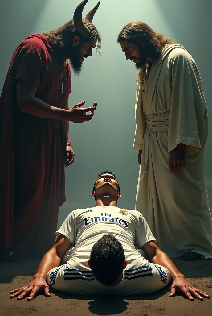 Ronaldo on the ground with the Real jersey and the devil looks at him and Jesus looks at him