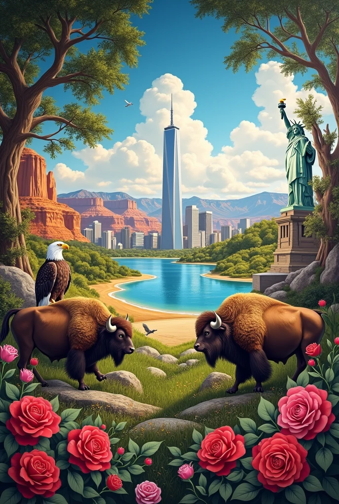 A kind of mural of the United States that contains:The Grand Canyon,The Oak,the bald eagle,the bison,the roses,yellowstone lake,The statue of Liberty,the worse state,y el one world trade center