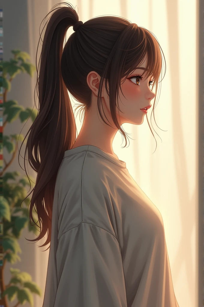 Girl from behind with a ponytail in her hair and a sweatshirt