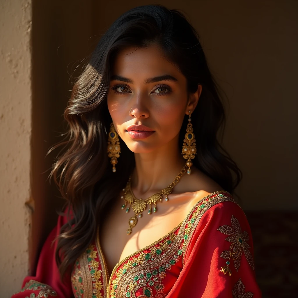 A beautiful Moroccan girl, dark brown eyes, 26 years old, almond shaped eyes, oval face shape, wavy hair, 170cm, 65kg, highly detailed face, detailed skin texture, elegant poses, colorful Moroccan dress, gold jewelry, natural lighting, dramatic shadows, warm color palette, portrait, realistic, photorealistic, 8k, masterpiece, NSFW 