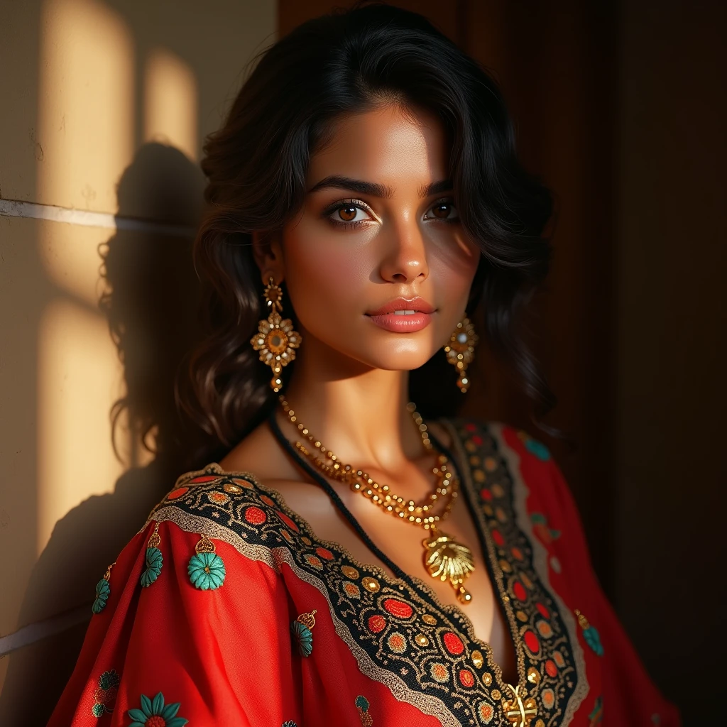 A beautiful Moroccan girl, dark brown eyes, 26 years old, almond shaped eyes, oval face shape, wavy hair, 170cm, 65kg, highly detailed face, detailed skin texture, elegant poses, colorful Moroccan dress, gold jewelry, natural lighting, dramatic shadows, warm color palette, portrait, realistic, photorealistic, 8k, masterpiece, NSFW 