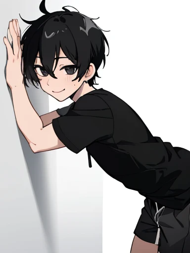 Being high, best emotions drawing, 1boy, black eyes, dark circle eyes, black hair, hair between eyes, short hair, only white shirt, solo, male focus, anime, simple style, sweating hardly, dick, cock, NSFW, cumming, no pants, 18+, smiling