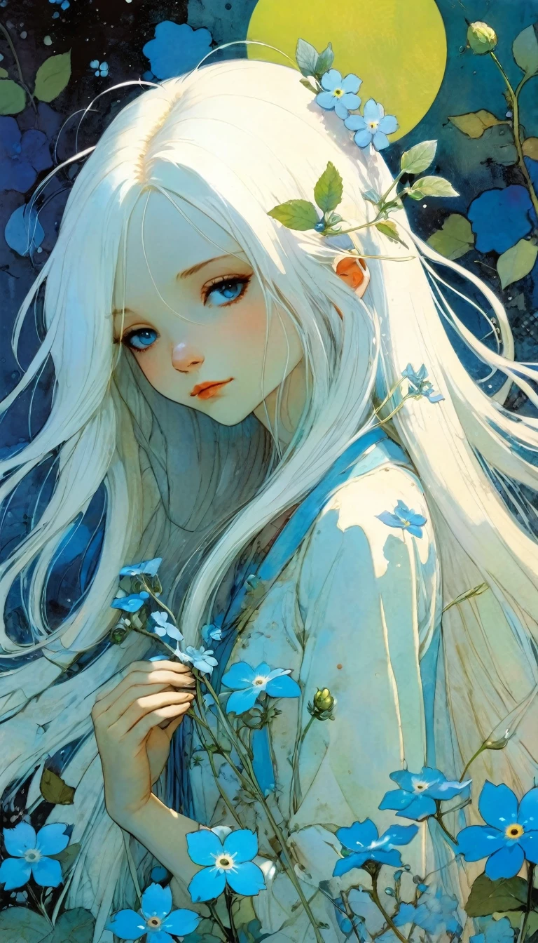 かんざし かんざしさん(((masterpiece))), ((highest quality 16k)), (ephemeral:1.3), ((detailed and delicate)), ((fantastic background)), ((long white hair)), holding a small blue flower, look down, Forget-me-not, NEON COLOR, LOFI COLOR, art inspired by Bill Sienkiewicz and Dave Mckean.