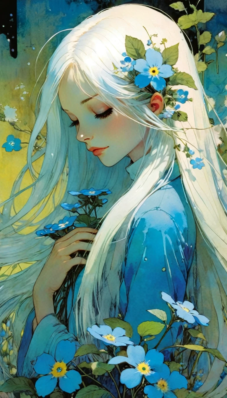 かんざし かんざしさん(((masterpiece))), ((highest quality 16k)), (ephemeral:1.3), ((detailed and delicate)), ((fantastic background)), ((long white hair)), holding a small blue flower, look down, Forget-me-not, NEON COLOR, LOFI COLOR, art inspired by Bill Sienkiewicz and Dave Mckean.
