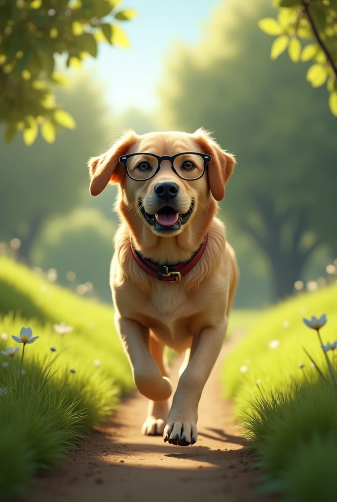Give me a picture of a realistic dog with glasses exercising in a park