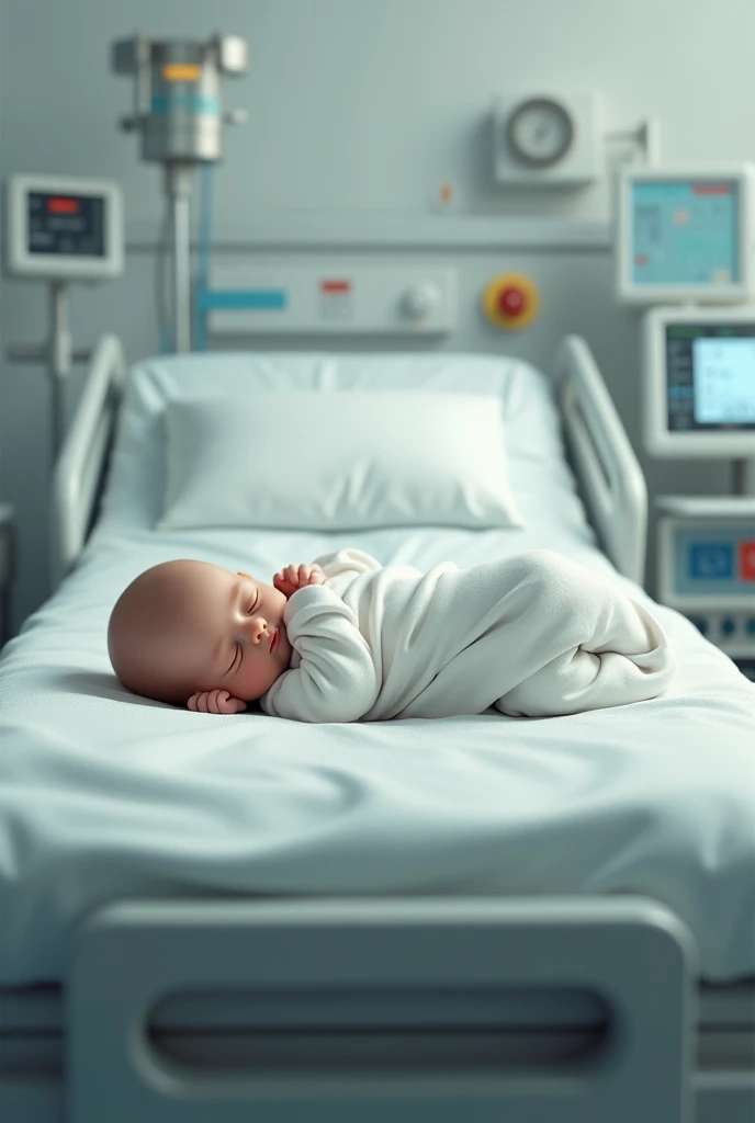 Make me a picture of a baby lying sideways on a hospital gurney, for a medical triptych
