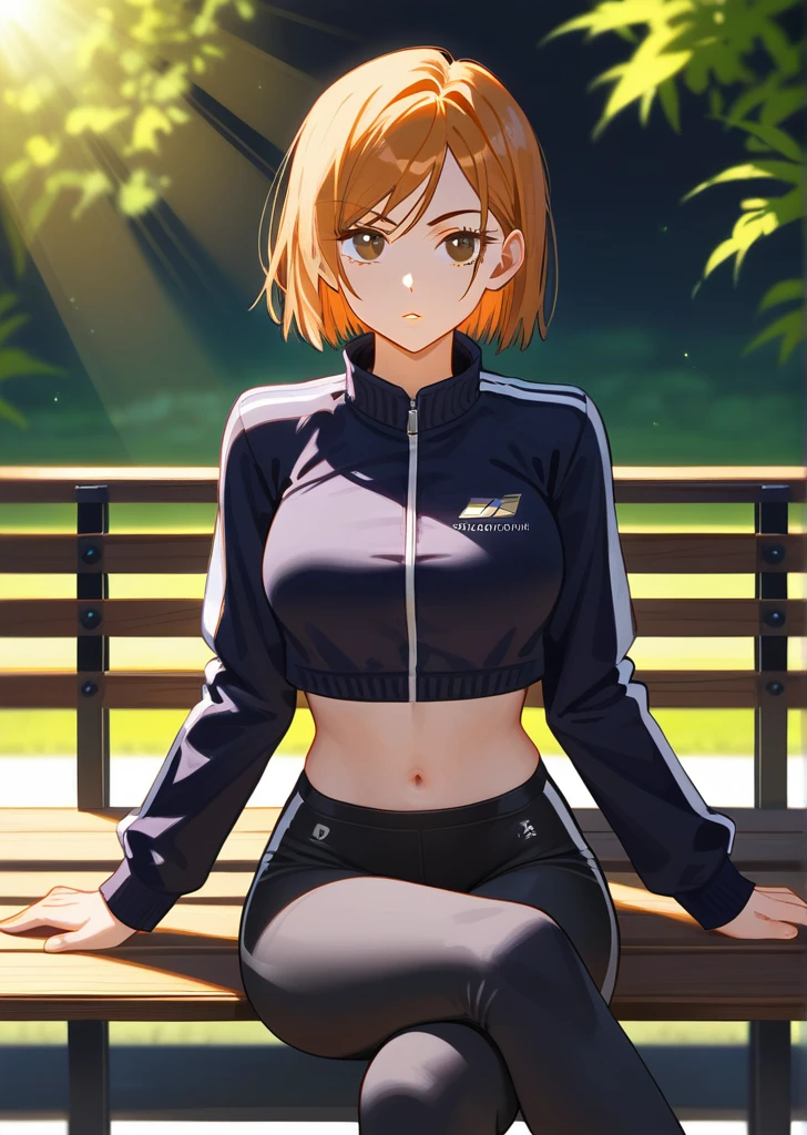 [nobara kugisaki], [jujutsu kaisen], ((masterpiece)), ((HD)), ((high res)), ((solo portrait)), ((front view)), ((detailed shading)), ((intricate details)), {(athletic figure), (slim figure), (cute brown eyes), (short eyelashes), (short orange hair), (curvy hips), (lush lips), (beautiful legs), (raised eyebrow), (curious expression)}, {(white track jacket), (navel), (black yoga pants)}, {(sitting on bench), (crossed legs), (looking at viewer)}, [ambient lighting, vending machine, sun rays]
