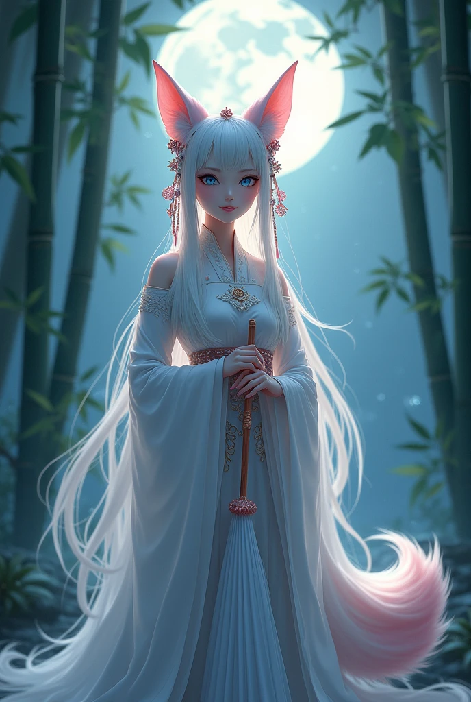  1 maid, alone, white long hair, moon, traditional Chinese Han custom, traditional Chinese custom, pinky fox ear, looking at the viewer, animal ears, blue eyes, long sleeve, bangs, full moon, wide sleeve, Chinese go pattern, hair ornaments, Tassel, hair between eyes, flower, Taoism element, she is in the bamboo forest, hands with umbrella, Taoism element, face to viewer, 1 fox tail, pink fox tail, 