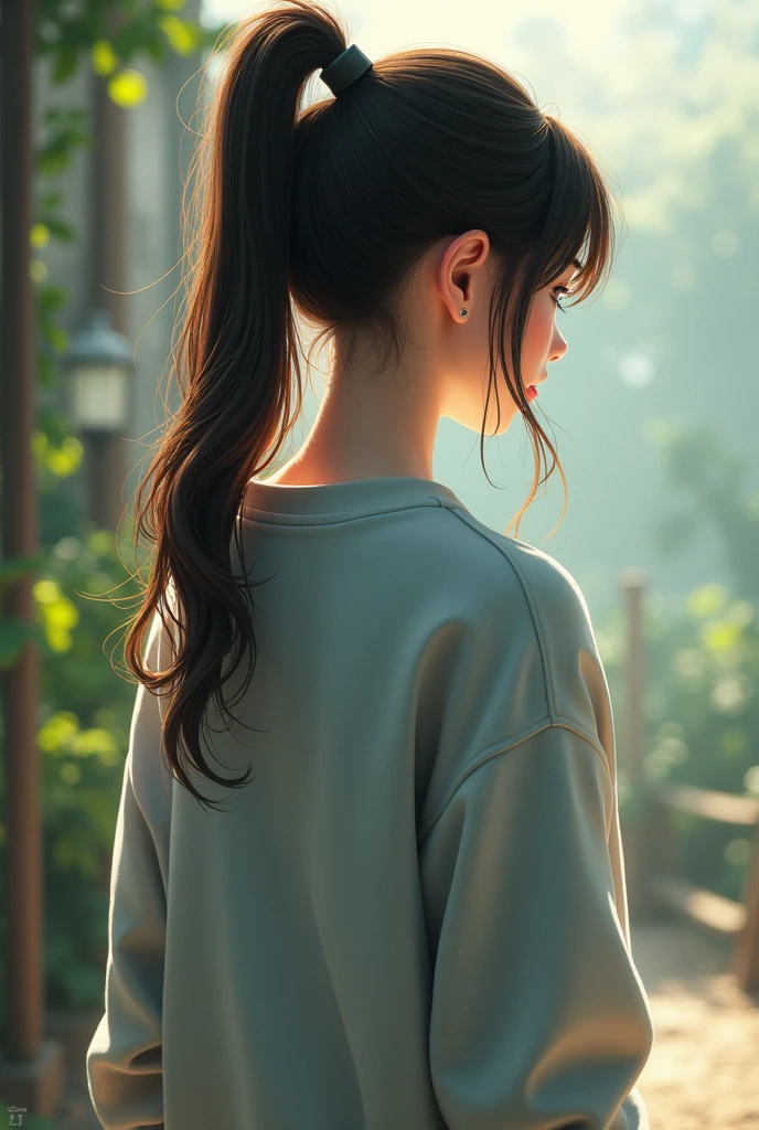 Girl from behind with a ponytail in her hair and a sweatshirt 