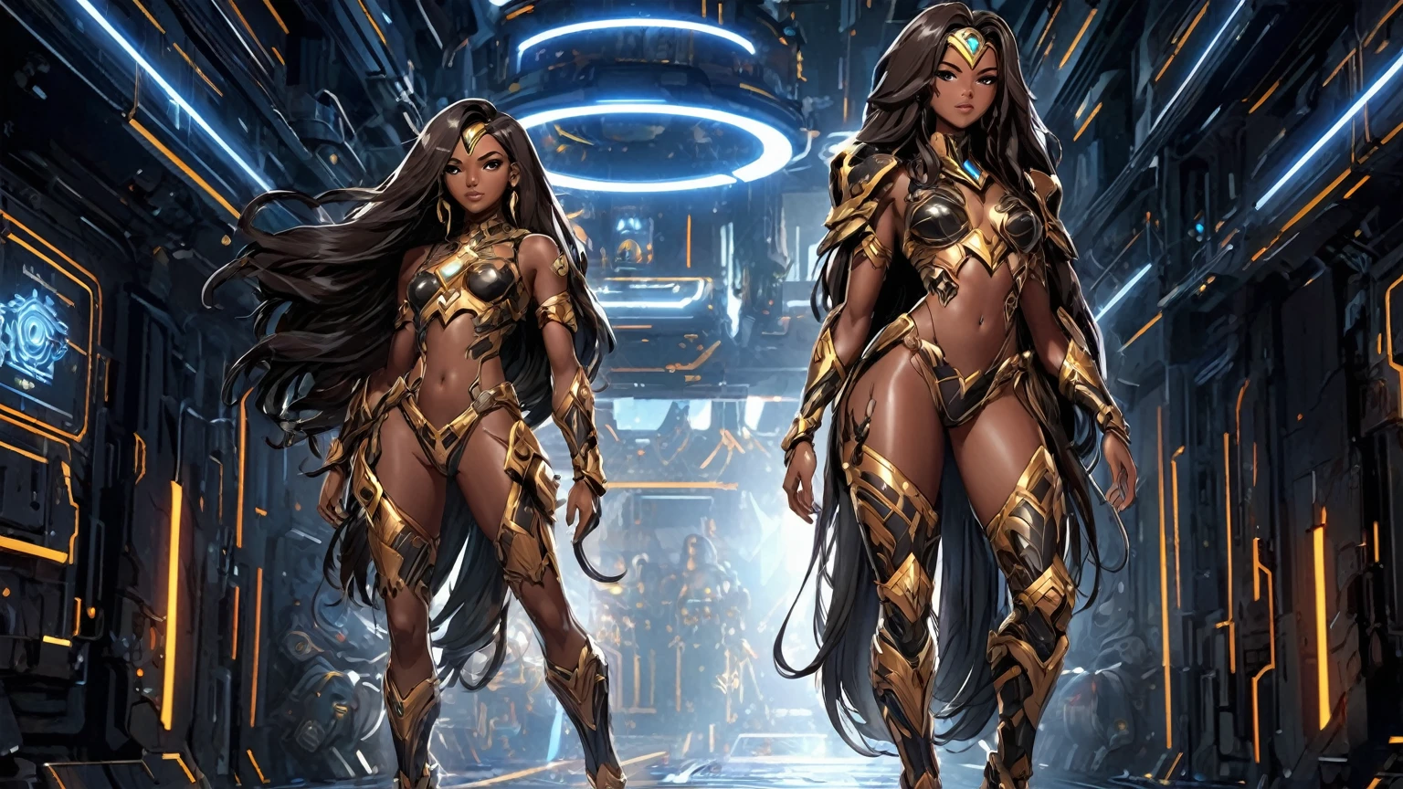 An image of a video game splash screen, First Descendant style, full body portrait of a ((dark-skinned beautiful African woman: 1.7)) with very long black hair, strong body, thick anime body, wearing black gold and hot pink translucent cyber armor, concept art, full body, (masterpiece:1.2), (best quality:1.3), 4K, ultra HD |, ((master part))), (((best quality))), ((ultra detail)),(Highly detailed CG illustration), Cinematic light, camera: Choose an angle that highlights the beauty of the character. resolution: Aim for a high-resolution artwork to showcase intricate details and clarity