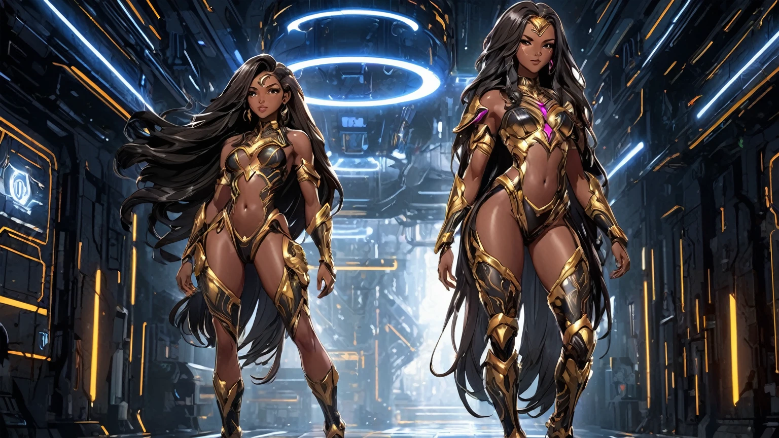 An image of a video game splash screen, First Descendant style, full body portrait of a ((dark-skinned beautiful African woman: 1.7)) with very long black hair, strong body, thick anime body, wearing black gold and hot pink translucent cyber armor, concept art, full body, (masterpiece:1.2), (best quality:1.3), 4K, ultra HD |, ((master part))), (((best quality))), ((ultra detail)),(Highly detailed CG illustration), Cinematic light, camera: Choose an angle that highlights the beauty of the character. resolution: Aim for a high-resolution artwork to showcase intricate details and clarity