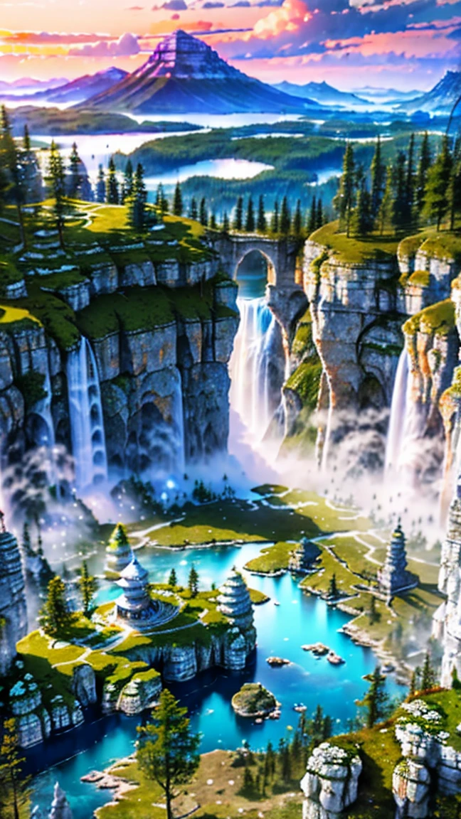 realistic photo for bg presentation , surreal landscape ,ice mountain and waterfalls with a fantasy clouds in the sky , day light. and floor is water mirrow , epic , fantasy , Bokeh , glowing, super detailed, hyper realistic, bright lights, 8k, Color tone white20%,Navyblue10%,Pink50%,purple10%,beige5%,yellow5%