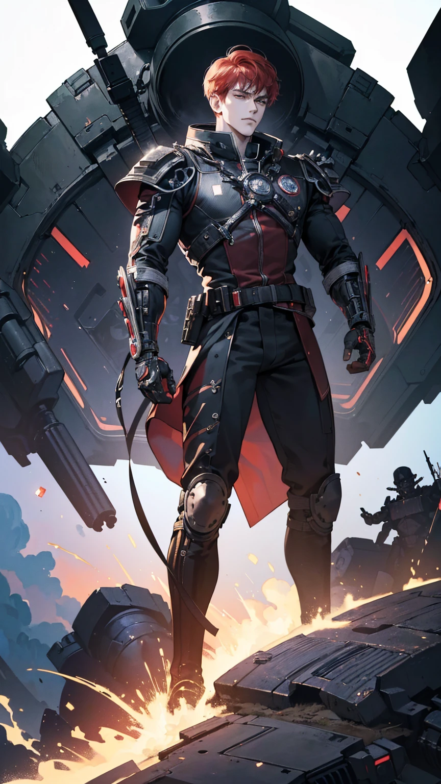 {(best quality, 8k, masterpiece, HDR, soft lighting, perfect image, digital illustration, manhwa art, hyper detailed image, perfect lines, realistic)} 1 very handsome man, short red hair, bright white eyes, black space pirate clothing, intimidating, 1 cyborg metal arm on right side, (imposing posture, smirking expression), {(space background inside spaceship}