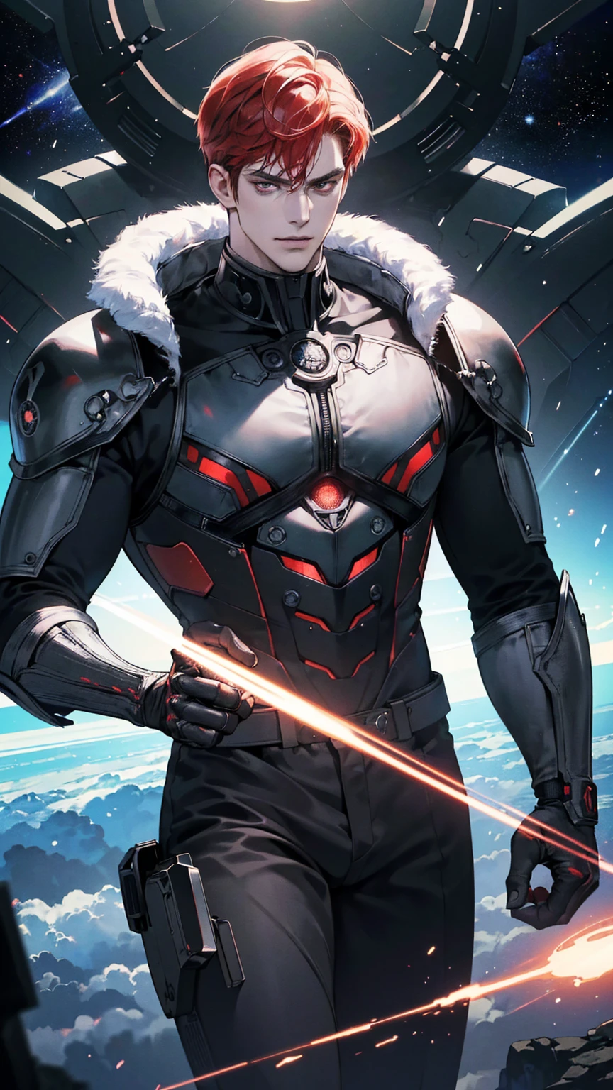 {(best quality, 8k, masterpiece, HDR, soft lighting, perfect image, digital illustration, manhwa art, hyper detailed image, perfect lines, realistic)} 1 very handsome man, short red hair, bright white eyes, black space pirate clothing, intimidating, 1 cyborg metal arm on right side, (imposing posture, smirking expression), {(space background inside spaceship}