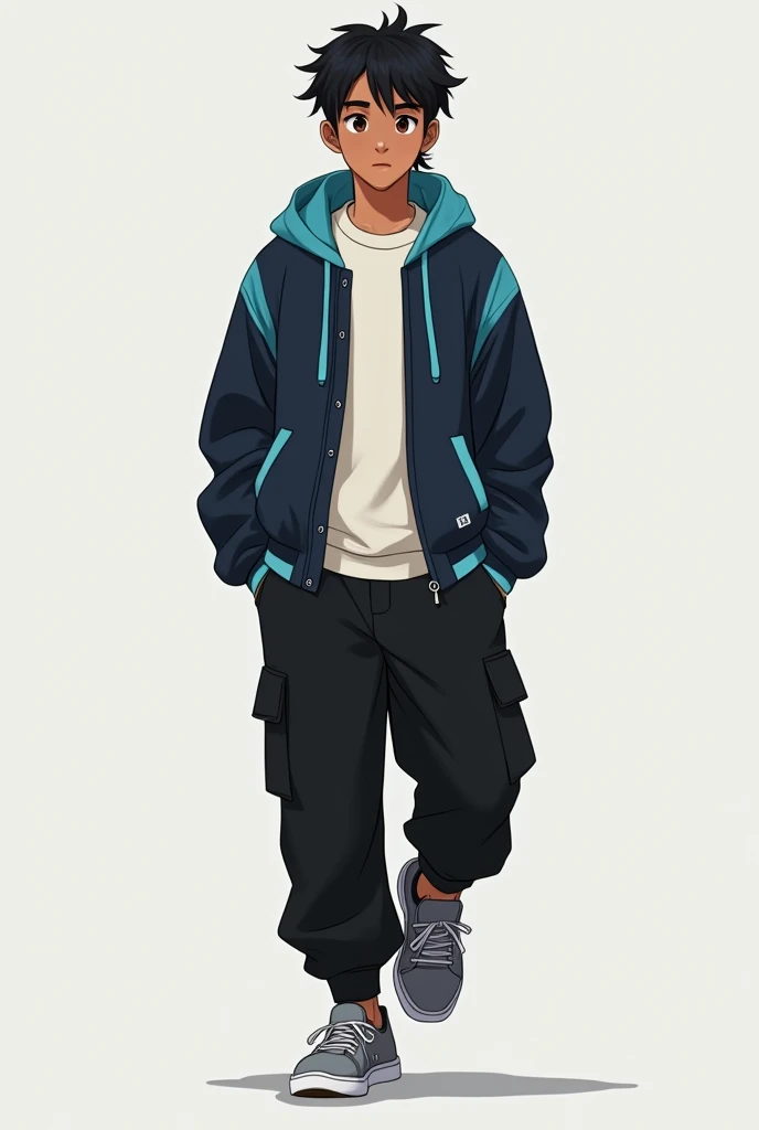 A young teenage male with a caramel brown skin tone, with black hair and enough to have it in a small low ponytail, She has two locks falling on the sides of her face and a slight messy fringe., dark brown eyes, a good physique focused more on speed and agility, wear baggy black cargo pants, gray tennis shoes, solid colored sweaters and a dark blue jacket with light blue details, black and white 
