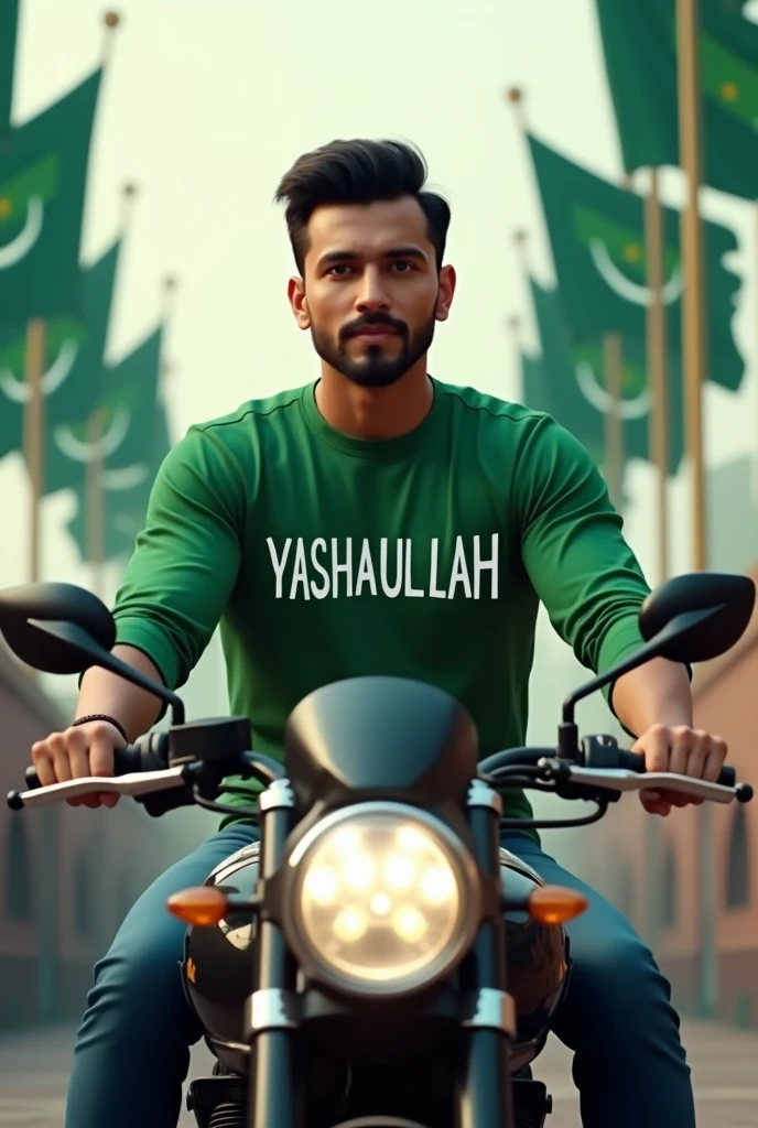 A virtual male sitting on a motorcycle and wearing a green shirt with his name YASHAULLAH on his shirt and the background of independence day of Pakistan.