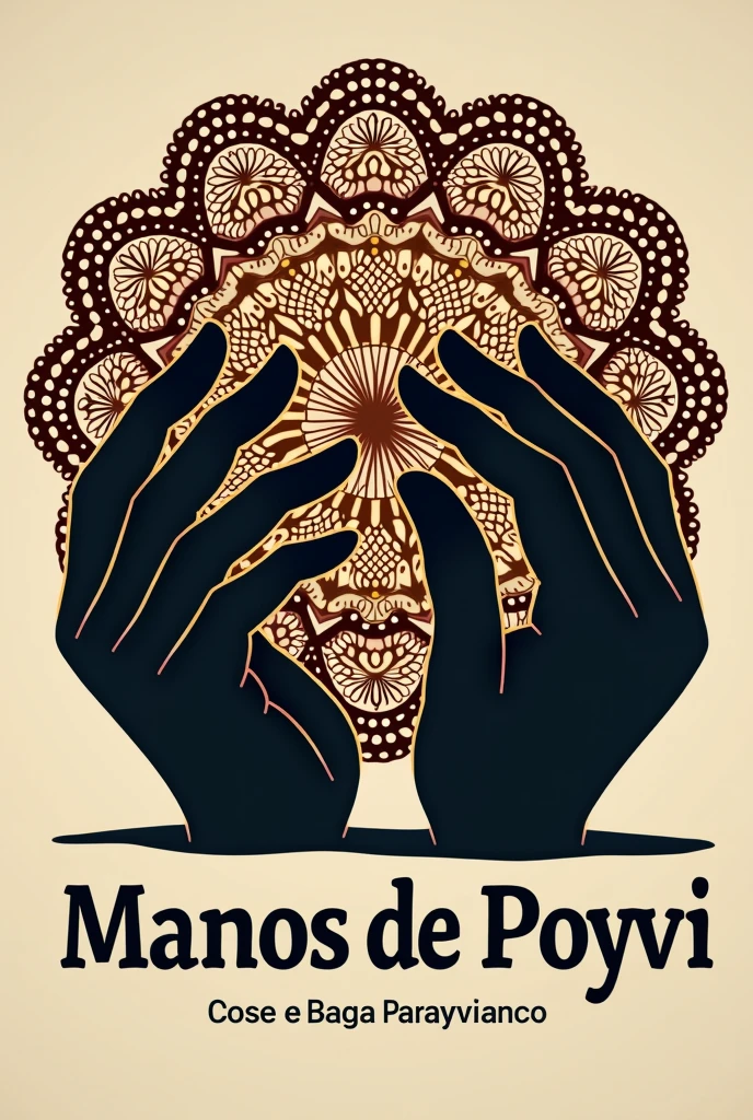 A logo for a company whose name is Manos de poyvi, The logo can have silhouettes of hands working on a ñanduti fabric, with details of threads and textures that highlight the craftsmanship, The image must have the name of the company, which is Manos de Poyvi