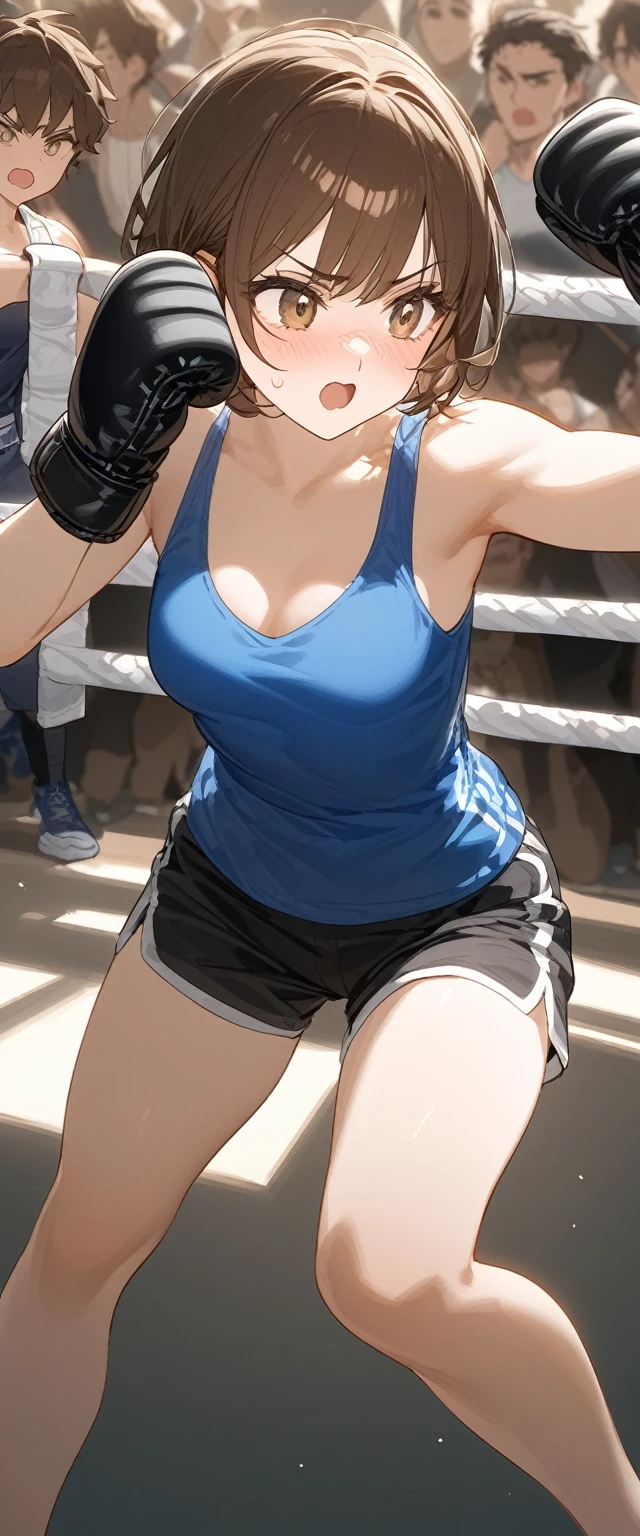 woman、muscular、Six Pack、Tension、Tense expression、Mouthpiece、Tank top、Shorts、short hair、boxing、Fighting Pose、Leaning forward、She holds both gloves under his face to intimidate his opponent.、boxing ring、The referee can be seen crouching to the side, watching the situation.、short hair、Brown Hair、small breasts、boxer、illumination、cheering crowd