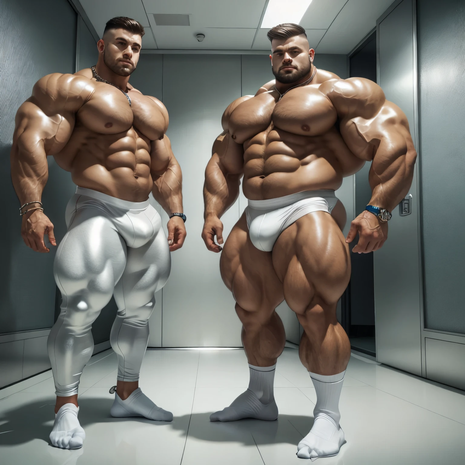 full view full body, one handsome over-muscular white young bodybuilded male with hyper-stylished undercut light-brown short haircut, with over-inflated and over-bloated shoulders, double-biceps, monstruous pecs and abs, wearing metalic silver shiny jumpsuit and huge hi-top hyper-fashioned adidas sneakers with white lycra socks, silver necklaces, rings and bracelets, standing in a small shiny padded cell room, socks must be seen