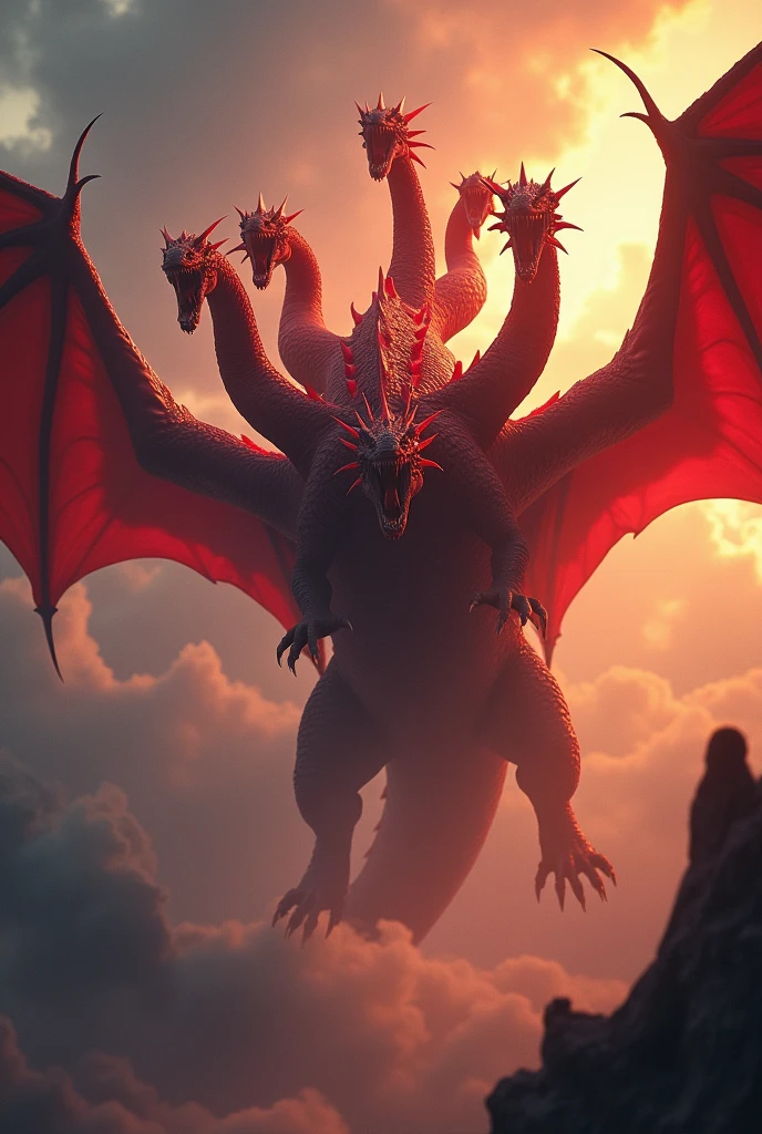 a seven-headed scarlet dragon, furious in the sky, dragon, seven-headed dragon, scarlet dragon, furious dragon, detailed dragon, fantasy dragon, dragon art, dramatic sky, cinematic lighting, dramatic lighting, vibrant colors, colorful, photorealistic, 8k, highly detailed, intricate details, masterpiece