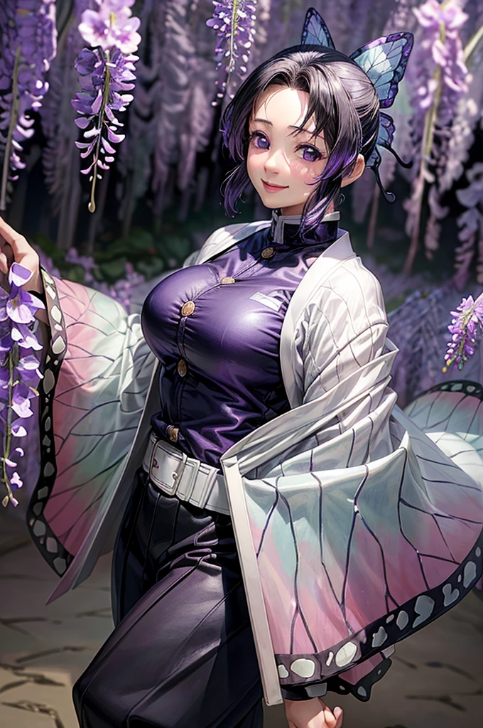 Shinobu Kochou,(masterpiece, Highest quality:1.3), (Super detailed:1.4),(Super detailed顔:1.2),(Super detailed目:1.2), (hyperRealistic:1.3), (RAW Photos:1.2), High-definition RAW color photos, Professional photos, (PhotoRealistic:1.4), (Realistic:1.4),8k,Professional Lighting, Perfect Anatomy, BREAK,(Big Breasts:1.4),(blush:1.2),(Bright smile:1.2),detail, Sharp focus, dramatic,dutch angle,Wisteria field,Japanese garden,Butterfly Hair Ornament, Purple eyes, Multicolored Hair, short hair, Parted bangs, amount, Haori, Wide sleeves, Long sleeve, Black trousers, Black jacket, White belt,(sexy pose:1.2)