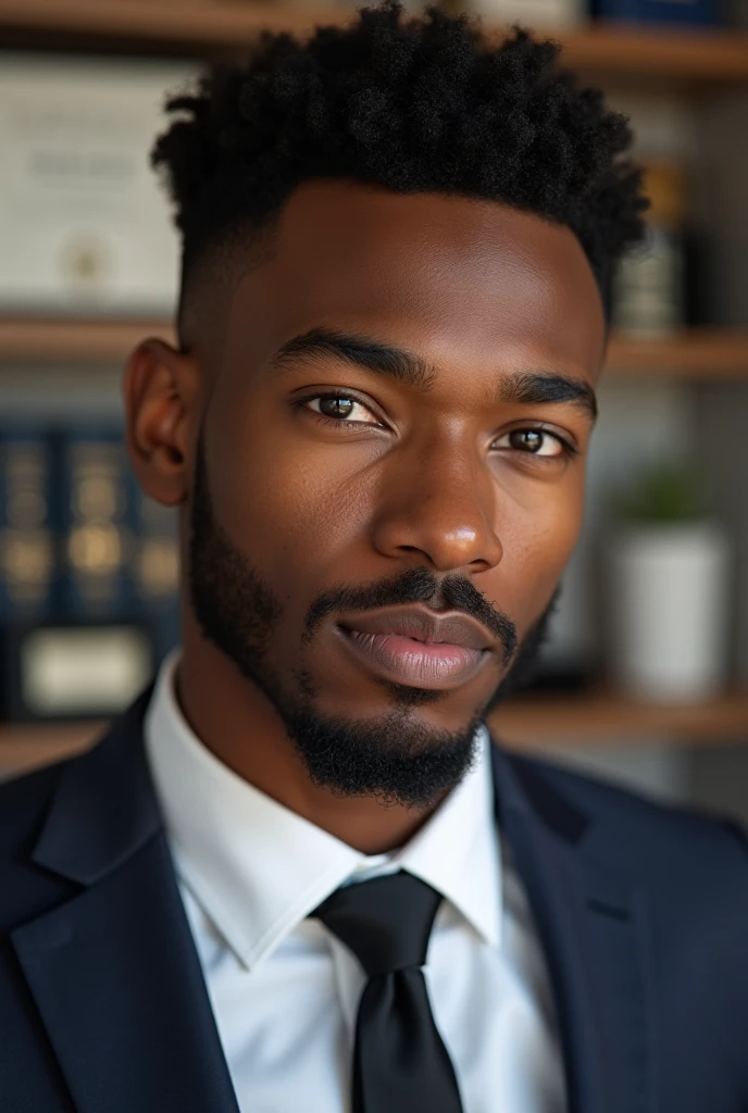 A handsome charismatic young black man with beautiful eyes in his office