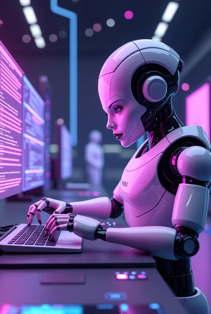 Generates an image of a robot programming with purple colors More animated For a shield for systems and robotics
