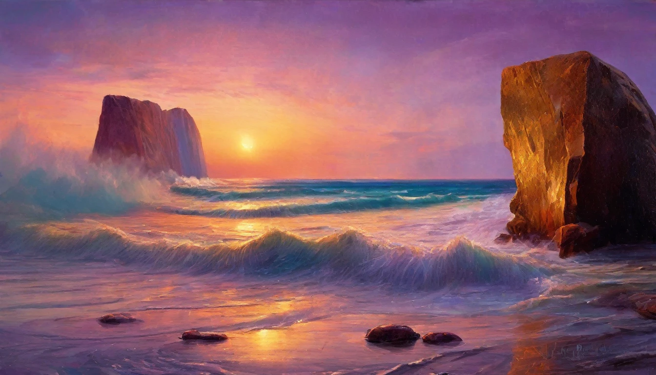 (best quality, masterpiece:1.2), A monolith emerging from an ocean in a beautiful sunset, golden, pink and purple hues, exquisite, painterly, realistic painting, light painting, beautiful, breathtaking
