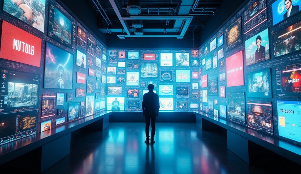 a person standing in front of a vast array of high-resolution screens, each featuring diverse digital content, from video game visuals to social media feeds, the room is elegant and futuristic, packed with advanced technology, conveying a sense of wonder and immersion in digital culture, the atmosphere is dynamic and vibrant, with a vibrant energy that reflects the intensity of modern media, the lighting is bright and multidirectional, highlighting the screens and projecting subtle reflections onto the person's face