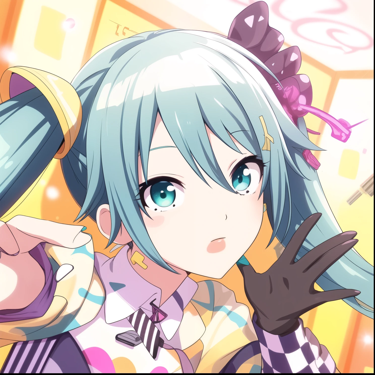 detailed_background,indoors,aqua_hair,holding_phone,hairclip,hair_between_eyes,guitar,beanie,straight-on,looking_at_viewer,eyes_visible_through_hair,electric_guitar,closed_mouth,effects_pedal,headphones,upper_body,hat,hoodie,instrument,solo,aqua_eyes,sticker,hood_down,phone,parental_advisory,nail_polish,smartphone,cellphone,jewelry,1girl,white_headwear,bandaid_on_nose,patch,bandaid_on_face,short_hair,original,bandaid,highres,sidelocks,holding,grey_hoodie,circuit_board,long_sleeves,aqua_nails,necklace,standing,print_hoodie,ring,hair_ornament,yorugata_mao,hood,bandaid_on_cheek