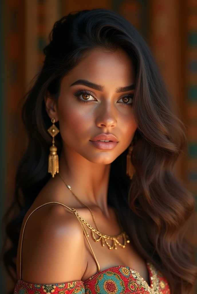 A beautiful Moroccan girl, dark brown eyes, 26 years old, almond shaped eyes, oval face shape, wavy hair, 170cm, 65kg, highly detailed face, detailed skin texture, elegant poses, colorful Moroccan dress, gold jewelry, natural lighting, dramatic shadows, warm color palette, portrait, realistic, photorealistic, 8k, masterpiece, NSFW , naked , pink nipples