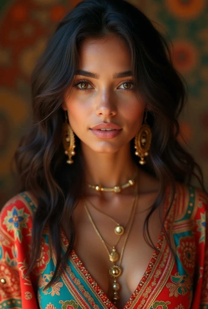 A beautiful Moroccan girl, dark brown eyes, 26 years old, almond shaped eyes, oval face shape, wavy hair, 170cm, 65kg, highly detailed face, detailed skin texture, elegant poses, colorful Moroccan dress, gold jewelry, natural lighting, dramatic shadows, warm color palette, portrait, realistic, photorealistic, 8k, masterpiece, NSFW , naked , pink nipples