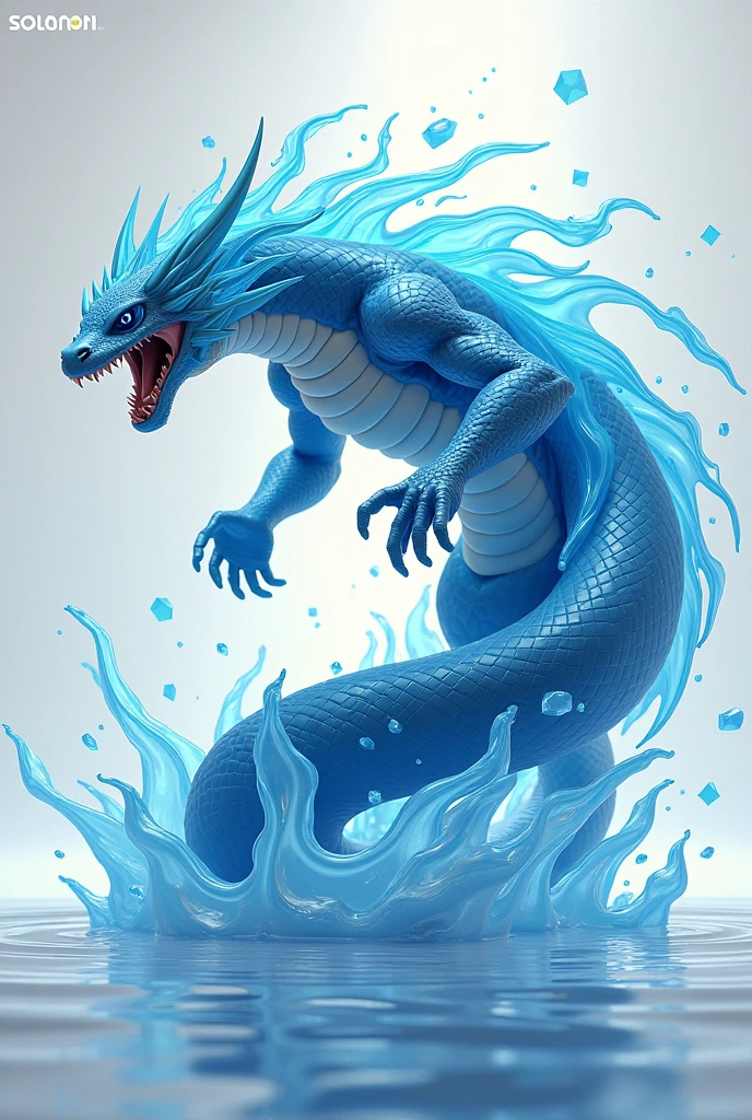 Create a 3D stylized illustration for 'Hydra,' a snake-like creature representing the water element, depicted in a graceful, skillful pose. The art style should be consistent with the SOLMON logo, featuring bold lines and a calming color scheme. Hydra should be shown mid-leap, with water swirling around its paws as it prepares to unleash a swirling water attack. The background should feature minimalistic digital waves and cosmic elements, creating a clean yet powerful composition that captures both the agility and strength of the character.