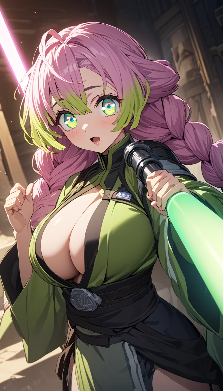 Mitsuri Kanroji, multicolor fur, pink with green tips, 2 large braids, (green eyes:1.5), (big breasts:1.2), open mouth,
wearing star wars style clothes, green jedi clothing, He has a green lightsaber in his hand resting looking at the viewer, (cowboy shot:1.5),
break inside, 
BREAK (masterpiece:1.2), Best Quality, High resolution, unity wallpaper 8k, (illustration:0.8), (beautiful detailed eyes:1.6), extremely detailed face, perfect lighting, Extremely detailed CG, (perfect hands, perfect anatomy),