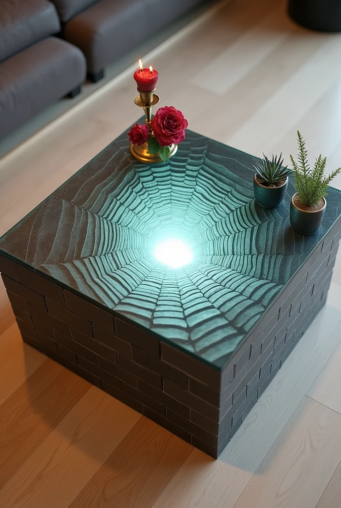 Small square coffee table handcrafted, featuring a reflective glass top that creates a stunning visual effect resembling an endless tunnel, lit from the inside with warm white LED lighting. The sides are covered with a material that simulates the appearance of grey bricks with a three-dimensional texture.. The table is decorated with simple decorations such as small plants and a golden candlestick containing a red rose.. The table is placed on a light-colored wooden floor.. The table design combines simplicity and elegance with a touch of modernity, making it a distinctive piece of art in any room.