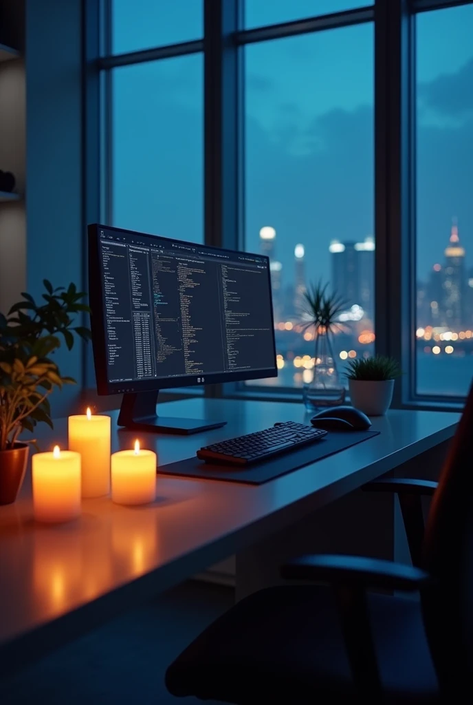 Inside the office, place a sleek, modern desk facing the camera. On the desk, position two computer monitors showing their backs to the window, ensuring they face away from the camera. Add a keyboard and a mouse on the desk, neatly aligned. For added warmth, place lit candles on a coffee table in the room, casting a soft, warm glow that contrasts with the cool city lights outside. The overall ambiance should blend modern technology with cozy, inviting elements. This setup will leave space for adding a character later on.

Inside the office, place a sleek, modern desk facing the camera. On the desk, position two computer monitors showing their backs to the window, ensuring they face away from the camera. Add a keyboard and a mouse on the desk, neatly aligned. For added warmth, place lit candles on a coffee table in the room, casting a soft, warm glow that contrasts with the cool city lights outside. The overall ambiance should blend modern technology with cozy, inviting elements. This setup will leave space for adding a character later on.

