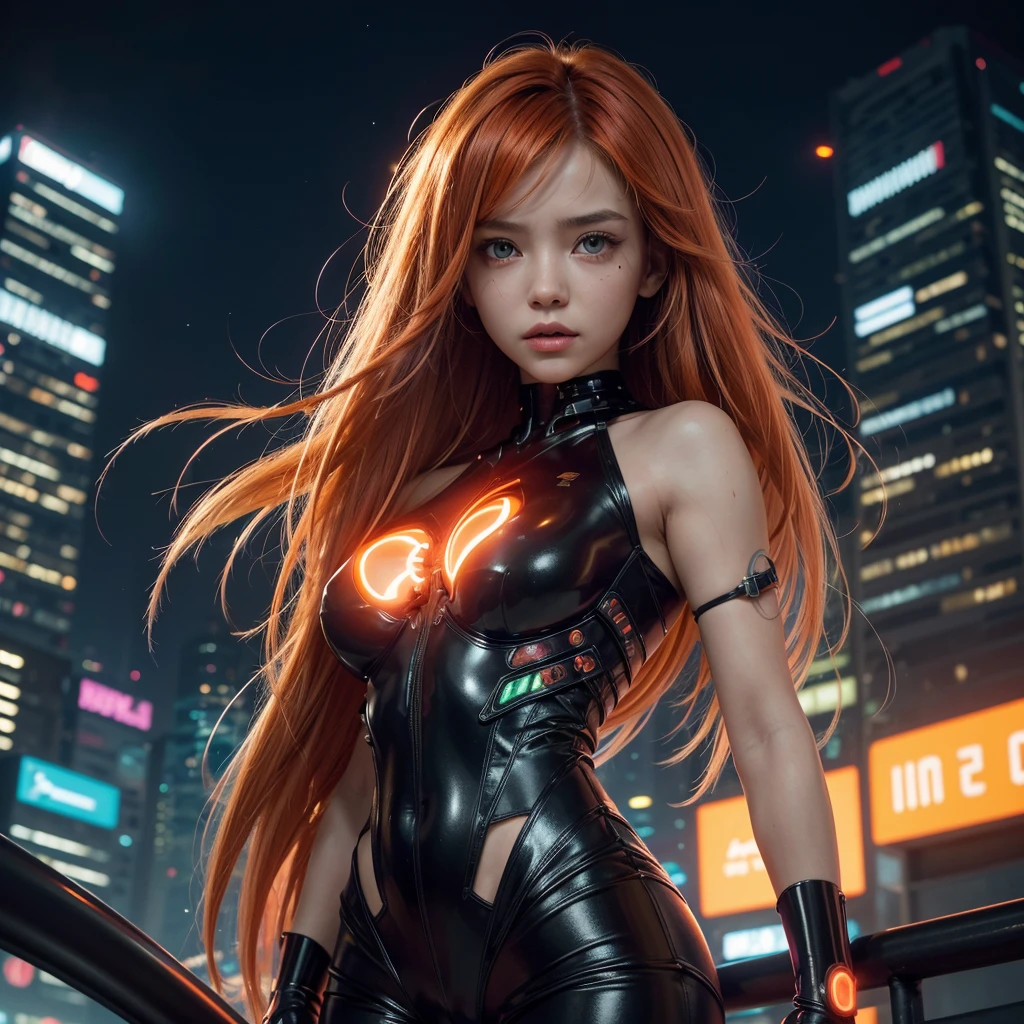 (SFW), details Intricate, 1 girl, natta, (bright neon colors), ((flying over the futuristic cyberpunk city)), detailed back ground, (little cyborg girl, ((Beautiful perfect face, bright red glowing eyes)), (Perfect Anatomia, small and perky breasts), (insanely long orange and white gradient hair, hair on the wind)), impossible bodysuit with detailed ribs, shoulder armor, Cyber limbs, dynamic angle,