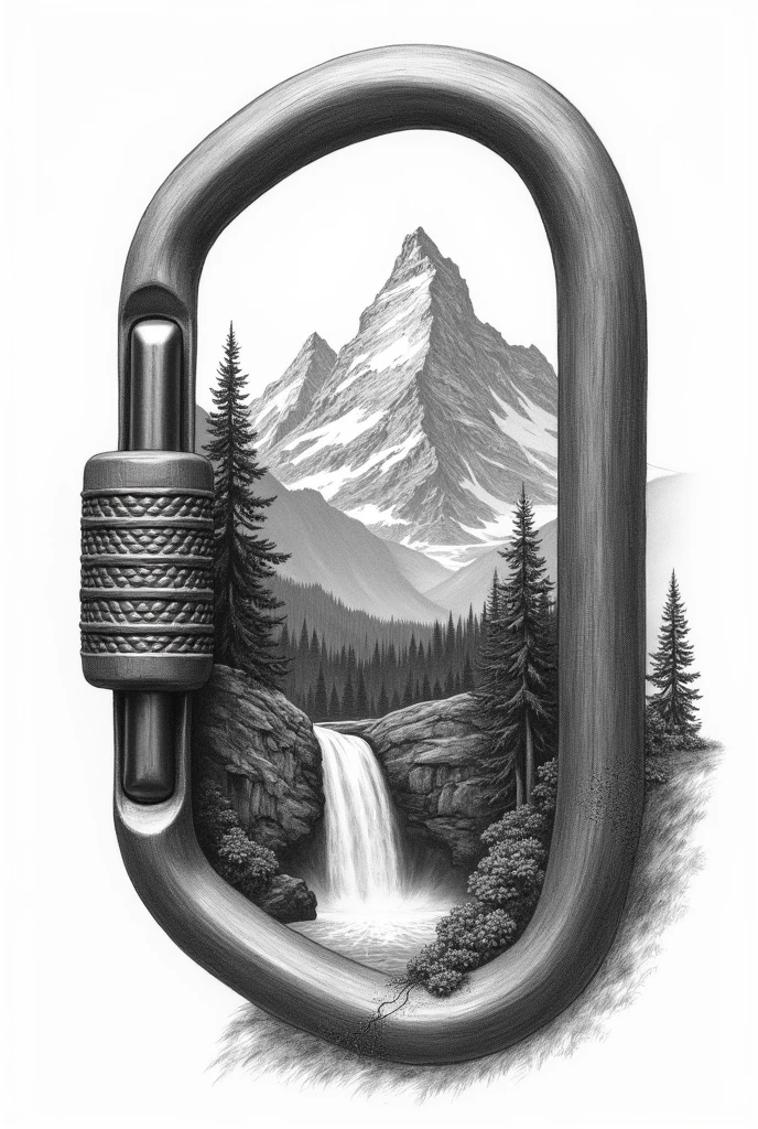 Drawing climbing carabiner, inside the musket draw a mountain with a waterfall 