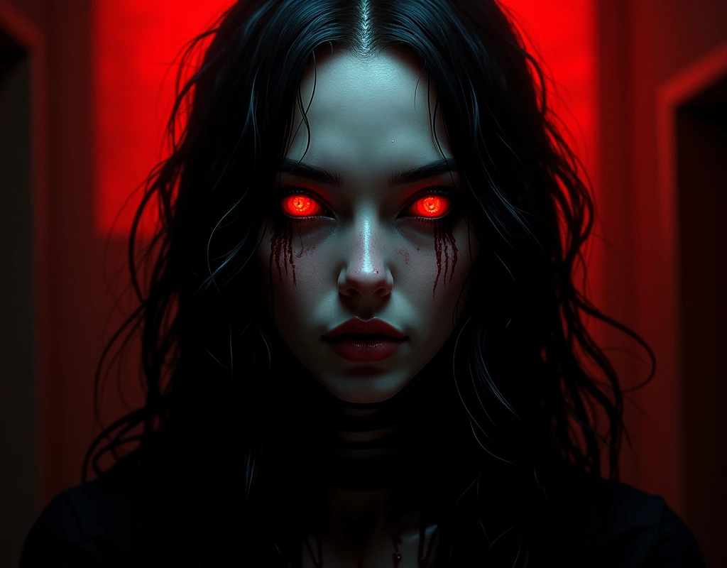 stzd, digital artwork that portrays a mysterious female figure with exaggerated features, rendered in a dark and gloomy color palette. expressionless, with glowing red eyes. The background is a stark contrast of black and vibrant red, with streaks and splatters
