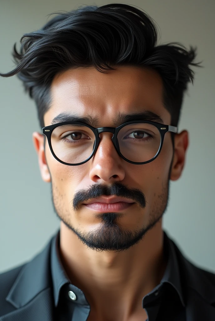 white male,25 years strong, black hair gradient, with glasses and a more modern mustache
