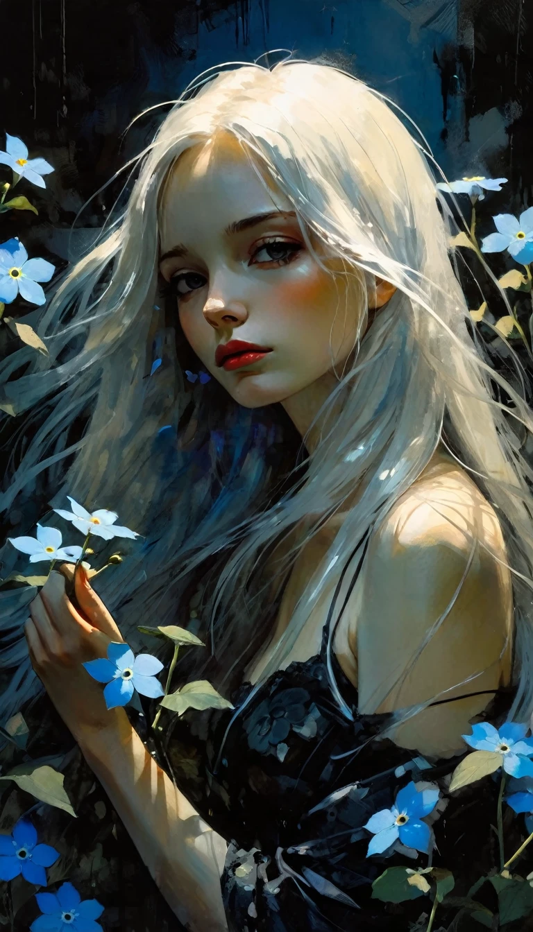 かんざし かんざしさん(((masterpiece))), ((highest quality 16k)), (ephemeral:1.3), ((detailed and delicate)), ((fantastic background)), ((long white hair)), holding a small blue flower, look down, Forget-me-not, NEON COLOR, LOFI COLOR,eroticism, sexy, black and white image, between shadows, oil painting, chiaroscuro, sensual, dramatic lighting, moody atmosphere, photorealistic, intricate details, masterpiece, ultra-detailed, high quality, 8k, best quality, realistic, cinematic, dark and brooding, expressionistic, powerful composition, emotional impact, Bill Sienkiewicz inspired art