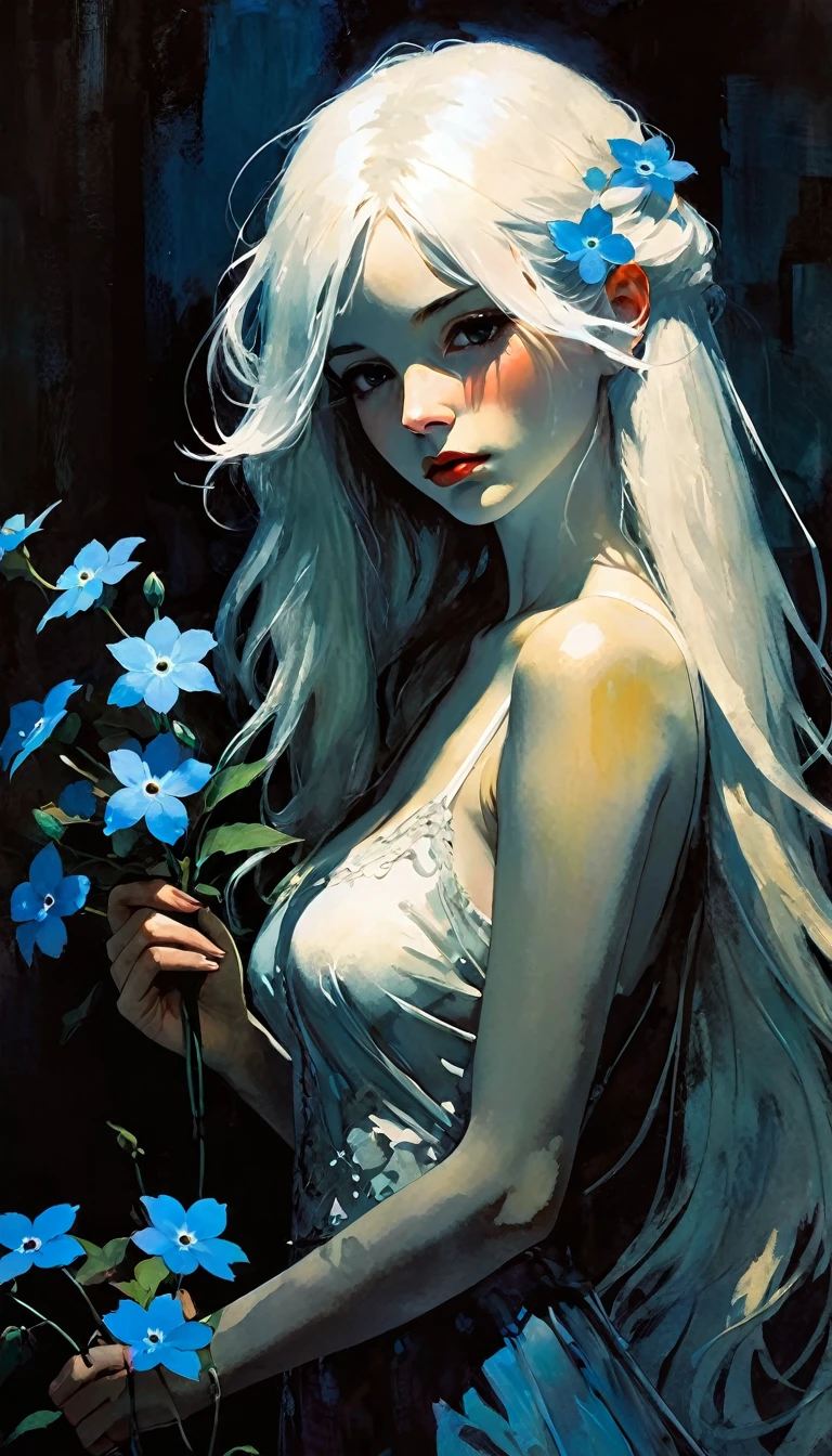 かんざし かんざしさん(((masterpiece))), ((highest quality 16k)), (ephemeral:1.3), ((detailed and delicate)), ((fantastic background)), ((long white hair)), holding a small blue flower, look down, Forget-me-not, NEON COLOR, LOFI COLOR,eroticism, sexy, black and white image, between shadows, oil painting, chiaroscuro, sensual, dramatic lighting, moody atmosphere, photorealistic, intricate details, masterpiece, ultra-detailed, high quality, 8k, best quality, realistic, cinematic, dark and brooding, expressionistic, powerful composition, emotional impact, Bill Sienkiewicz inspired art