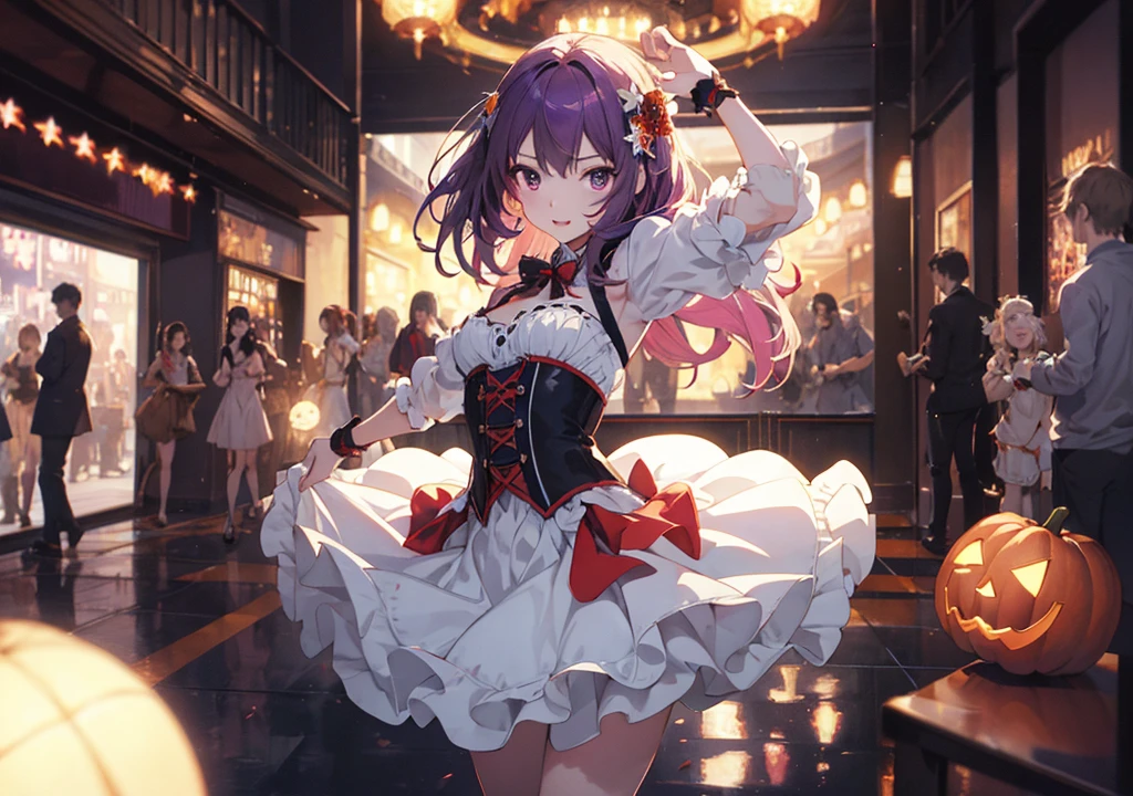 Realistic photos, Focus distance 10mm, Red and white, Beautiful girl, Realistic photos, Shooting at focus distance 10mm, masterpiece, 最high quality, high quality, Very detailed CG 8k wallpaper unit, Award-winning photography, Depth of written boundary, High resolution, bloom, chromatic aberration, Realistic, Very detailed, Art Station Trends, CGsociety Trends, Complex, High detail, dramatic, Art on the go, volumetric lighting, A purple-haired Disney princess-esque girl is dancing with ghosts at a Halloween party. A magically decorated hall can be seen in the background