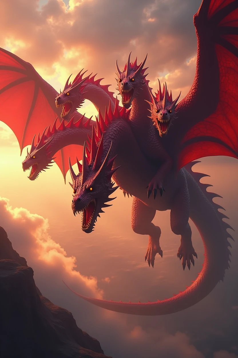 a seven-headed scarlet dragon, furious in the sky, dragon, seven-headed dragon, scarlet dragon, furious dragon, detailed dragon, fantasy dragon, dragon art, dramatic sky, cinematic lighting, dramatic lighting, vibrant colors, colorful, photorealistic, 8k, highly detailed, intricate details, masterpiece