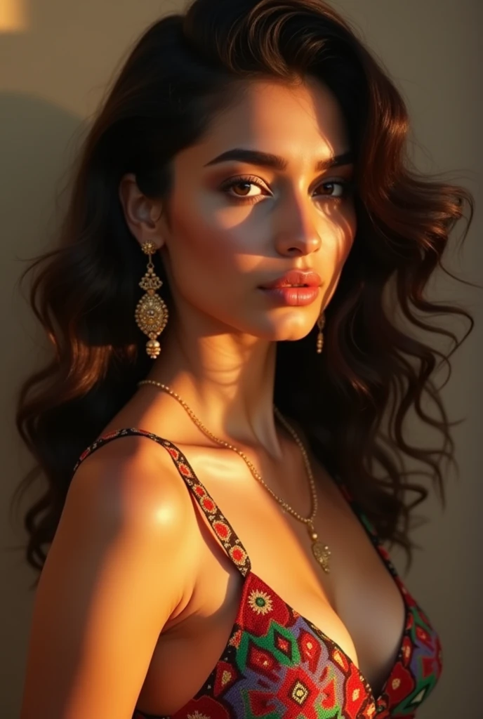 A beautiful Moroccan girl, dark brown eyes, 26 years old, almond shaped eyes, oval face shape, wavy hair, 170cm, 65kg, highly detailed face, detailed skin texture, elegant poses, colorful Moroccan bra, gold jewelry, natural lighting, dramatic shadows, warm color palette, portrait, realistic, photorealistic, 8k, masterpiece, NSFW , naked , pink nipples 