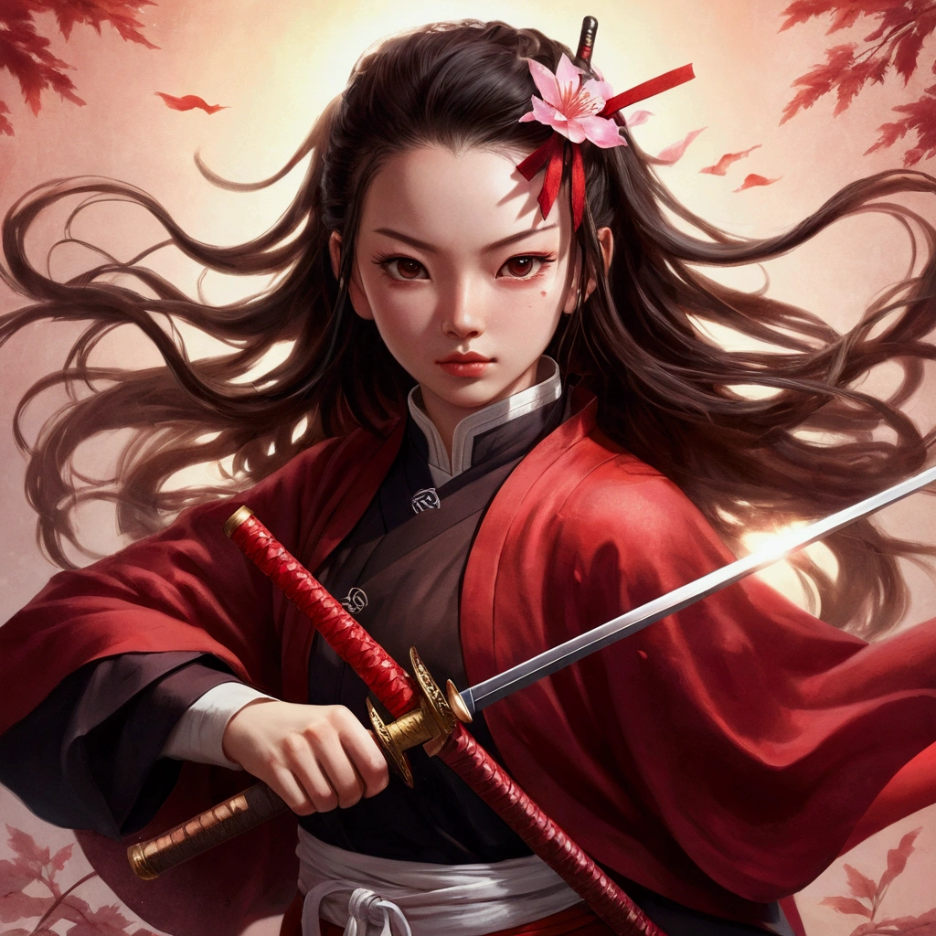 girl with a sword and a red cape, she is holding a katana sword, nezuko, detailed realistic, beautiful girl