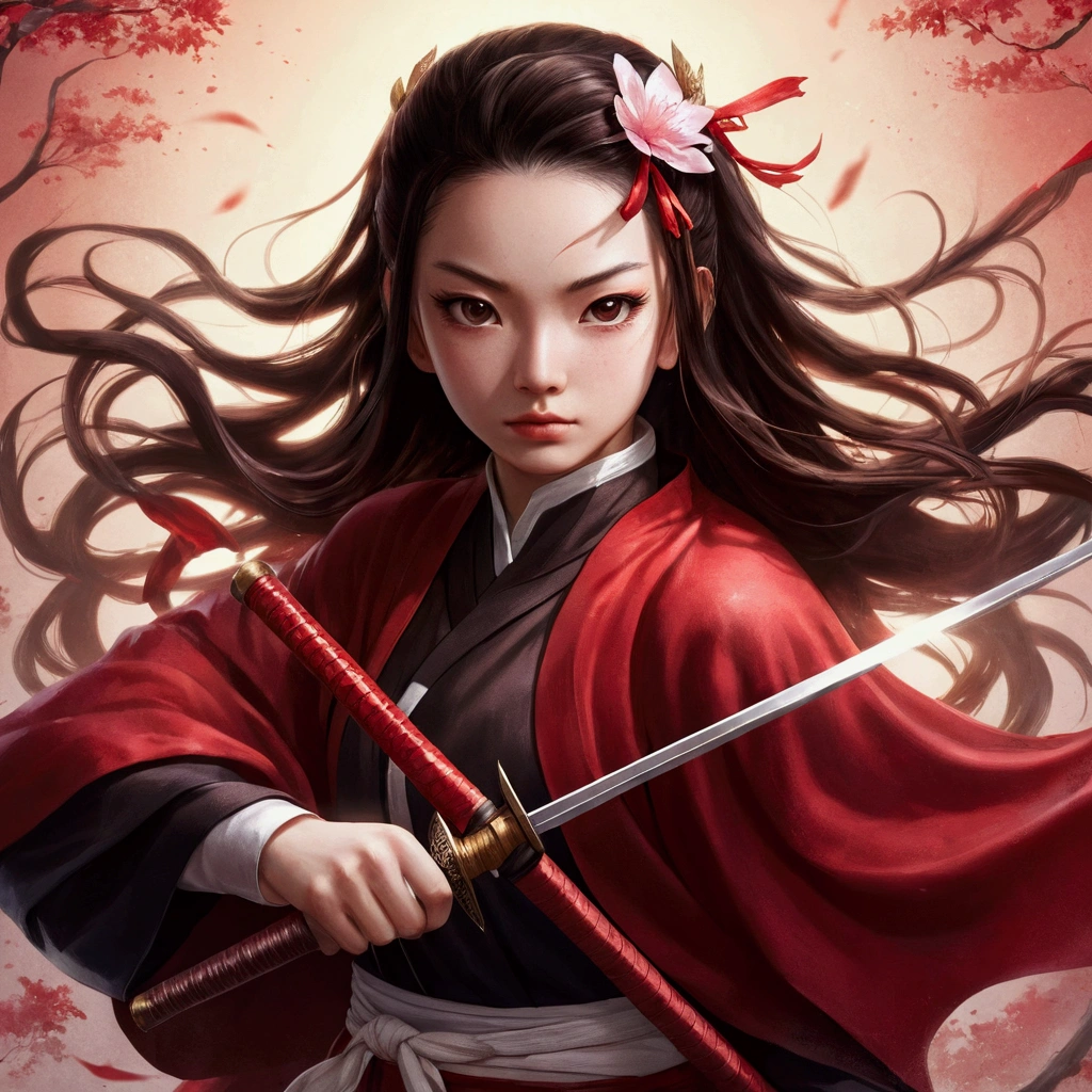 girl with a sword and a red cape,  she is holding a katana sword, nezuko, detailed realistic, beautiful girl