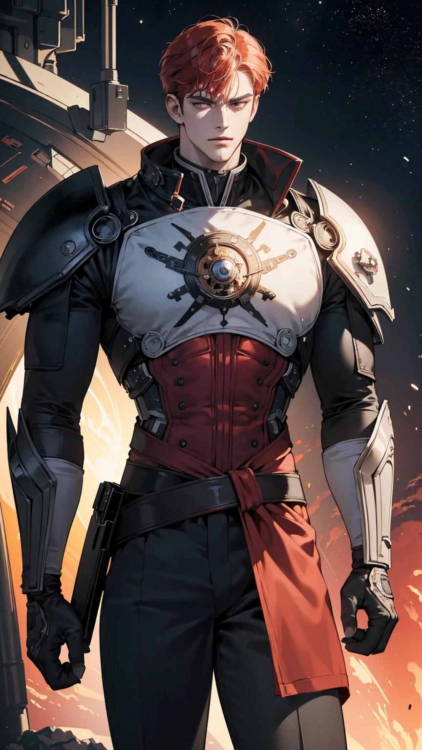 {(best quality, 8k, masterpiece, HDR, soft lighting, perfect image, digital illustration, manhwa art, hyper detailed image, perfect lines, realistic)} 1 very handsome man, short red hair, bright white eyes, black space pirate clothing, intimidating, 1 cyborg metal arm, (imposing posture, smirking expression), {(space background inside spaceship}