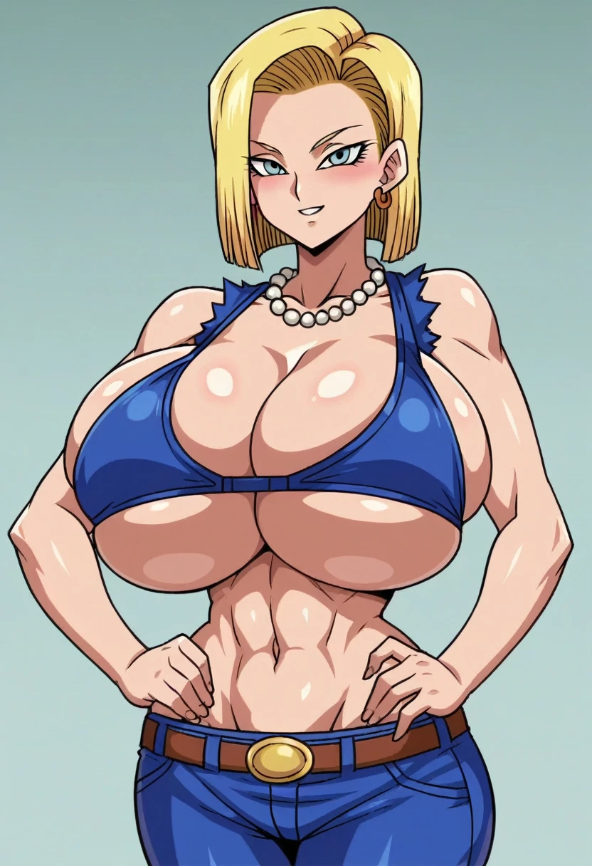 score_9, score_8_up, score_7_up, source_anime, (anime coloring, anime screencap, megani magazine:1.2) BREAK 1girl, android 18, abs, big breasts, blonde hair, blue eyes, blush,blue bra, breasts bigger than head, bursting breasts, busty buff, cleavage, collarbone, curvaceous, curvy, curvy figure, exposed shoulders, female, female only, gigantic breasts, huge breasts, jewelry, looking at viewer, massive breasts, midriff, navel, necklace, parted lips, pearl necklace, short hair, sideboob, solo, solo female, standing, thick, toned, toned female, underboob, wide hips, tight bra, smiling, huge ass