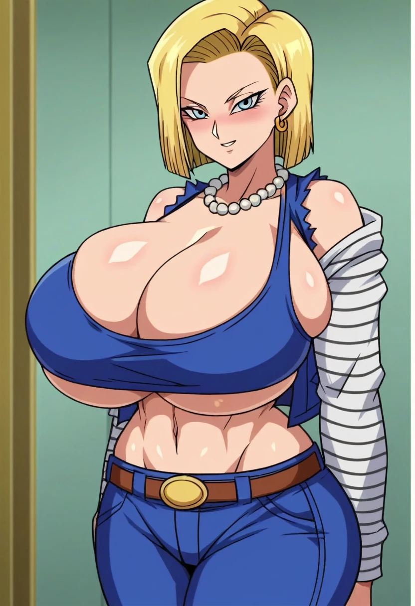 score_9, score_8_up, score_7_up, source_anime, (anime coloring, anime screencap, megani magazine:1.2) BREAK 1girl, android 18, abs, big breasts, blonde hair, blue eyes, blush,blue bra, breasts bigger than head, bursting breasts, busty buff, cleavage, collarbone, curvaceous, curvy, curvy figure, exposed shoulders, female, female only, gigantic breasts, huge breasts, jewelry, looking at viewer, massive breasts, midriff, navel, necklace, parted lips, pearl necklace, short hair, sideboob, solo, solo female, standing, thick, toned, toned female, underboob, wide hips, tight bra, smiling, huge ass
